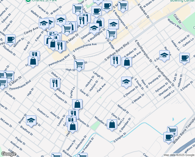 map of restaurants, bars, coffee shops, grocery stores, and more near 13 Hutson Street in Wilkes-Barre
