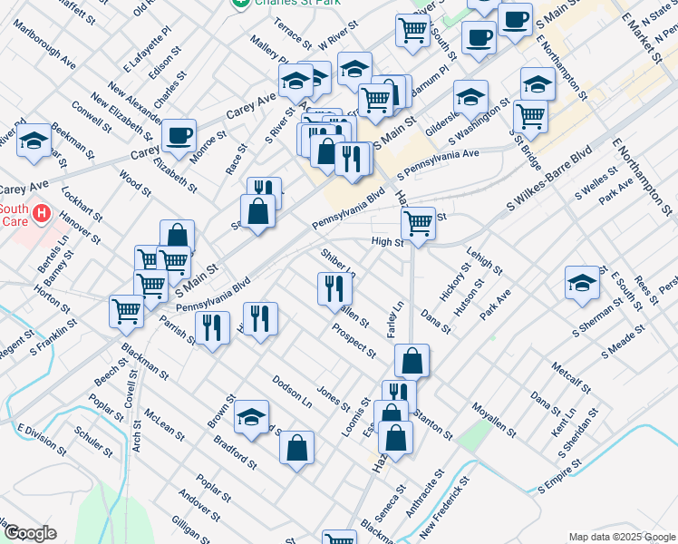 map of restaurants, bars, coffee shops, grocery stores, and more near McCarragher Street in Wilkes-Barre
