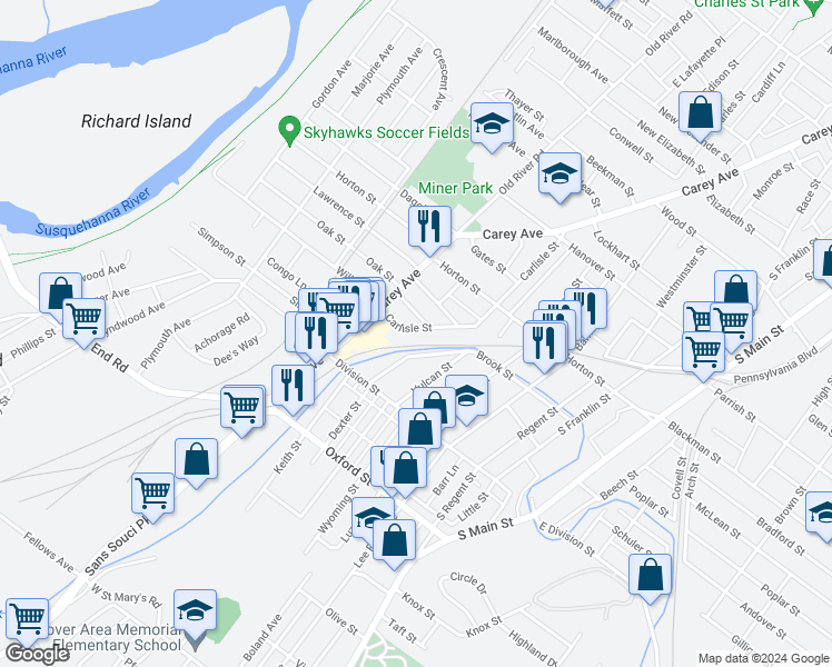 map of restaurants, bars, coffee shops, grocery stores, and more near 194 Carlisle Street in Wilkes-Barre
