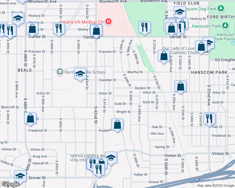map of restaurants, bars, coffee shops, grocery stores, and more near 3943 Arbor Street in Omaha