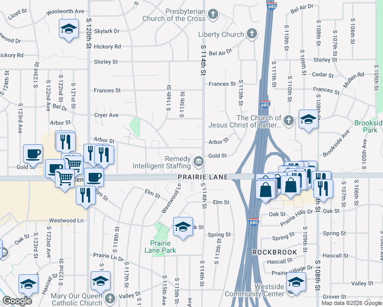 map of restaurants, bars, coffee shops, grocery stores, and more near 11427 Arbor Street in Omaha