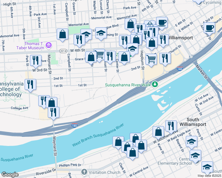 map of restaurants, bars, coffee shops, grocery stores, and more near 186 Locust Street in Williamsport