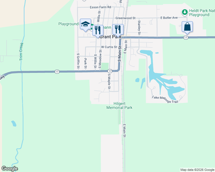 map of restaurants, bars, coffee shops, grocery stores, and more near 513 South Maple Street in Grant Park