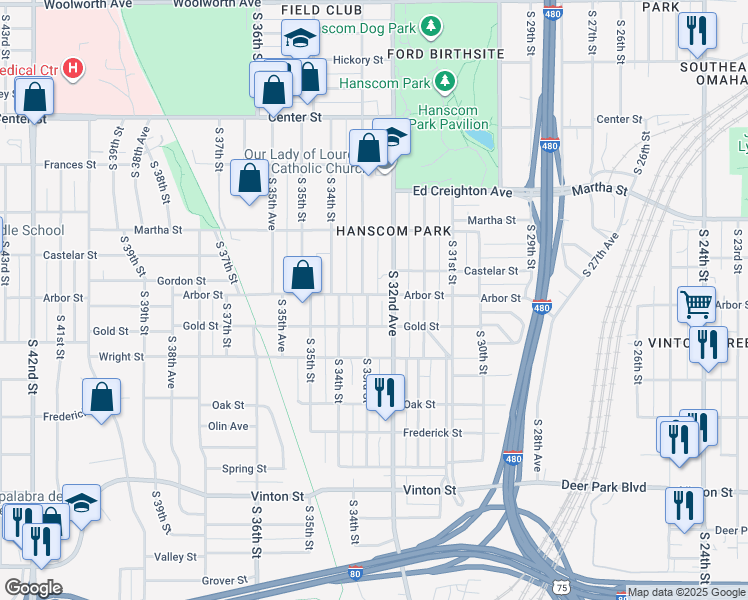 map of restaurants, bars, coffee shops, grocery stores, and more near 2519 South 33rd Street in Omaha