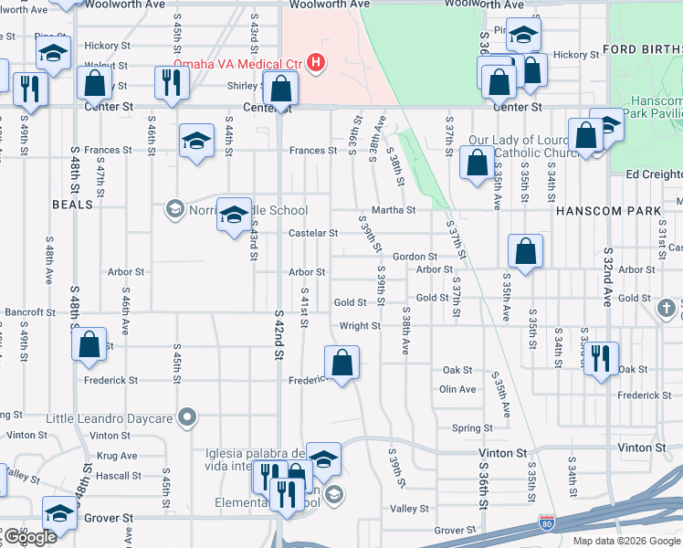 map of restaurants, bars, coffee shops, grocery stores, and more near 3943 Arbor Street in Omaha