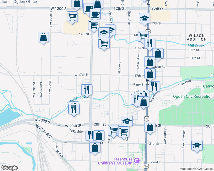 map of restaurants, bars, coffee shops, grocery stores, and more near 156 18th Street in Ogden
