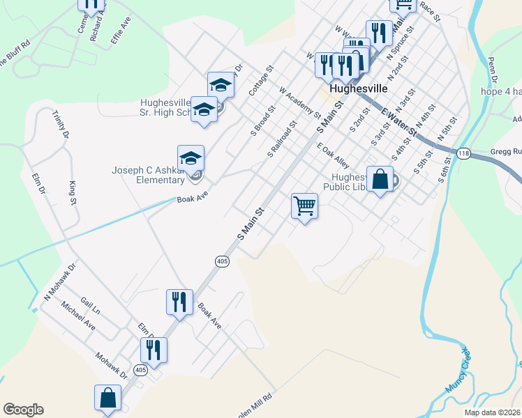 map of restaurants, bars, coffee shops, grocery stores, and more near 350-398 South Spruce Street in Hughesville