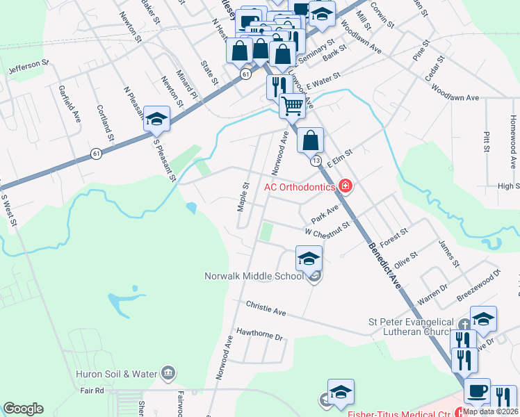 map of restaurants, bars, coffee shops, grocery stores, and more near 56 Norwood Avenue in Norwalk