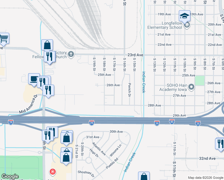 map of restaurants, bars, coffee shops, grocery stores, and more near 2702 South 17th Street in Council Bluffs