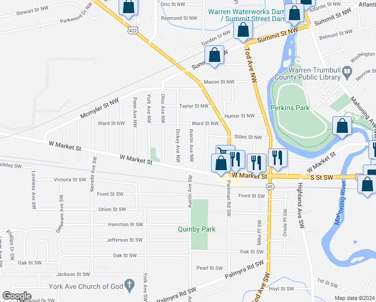 map of restaurants, bars, coffee shops, grocery stores, and more near 181 Austin Avenue Northwest in Warren