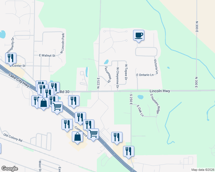 map of restaurants, bars, coffee shops, grocery stores, and more near 2277-2399 East Old Road 30 in Warsaw