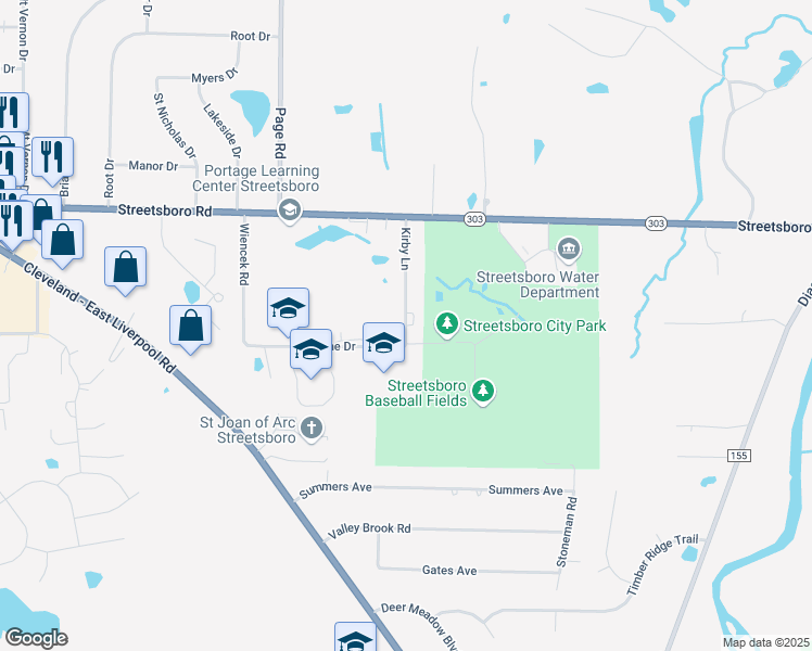 map of restaurants, bars, coffee shops, grocery stores, and more near 8955 Kirby Lane in Streetsboro