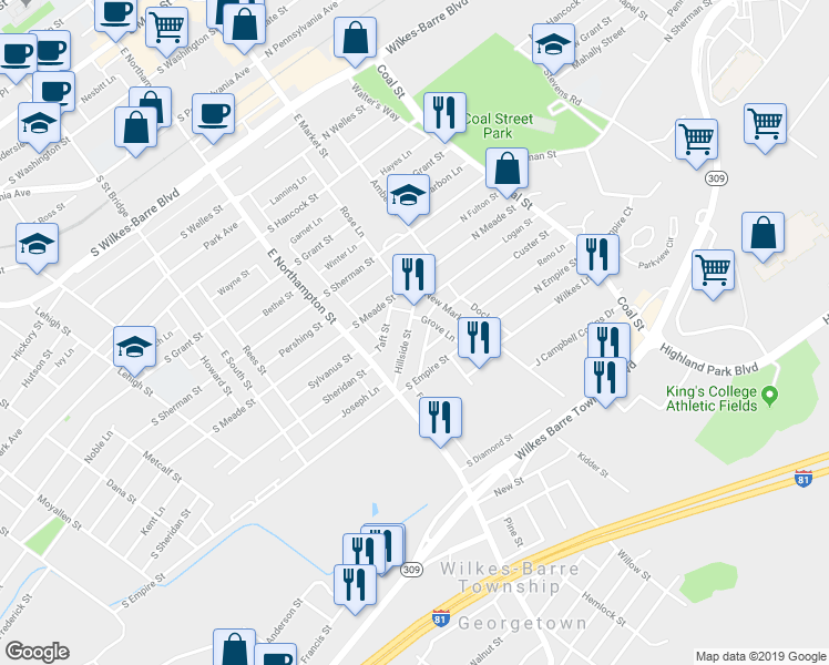 map of restaurants, bars, coffee shops, grocery stores, and more near 48 Hillside Street in Wilkes-Barre