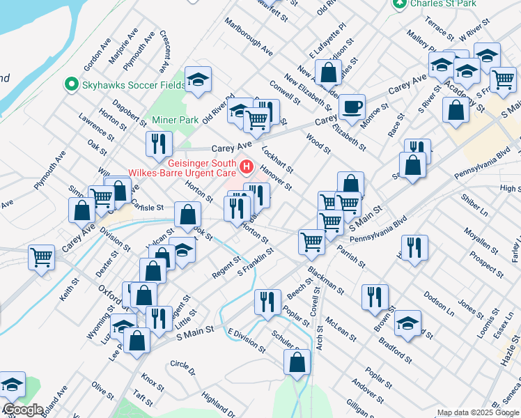 map of restaurants, bars, coffee shops, grocery stores, and more near 142 Barney Street in Wilkes-Barre