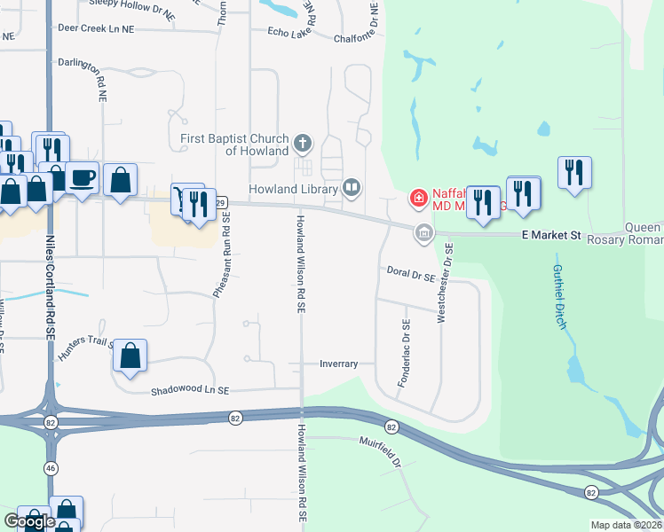 map of restaurants, bars, coffee shops, grocery stores, and more near 311 Howland Wilson Road Southeast in Warren