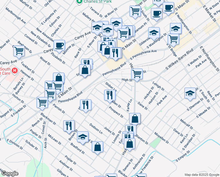 map of restaurants, bars, coffee shops, grocery stores, and more near 18 McCarragher Street in Wilkes-Barre