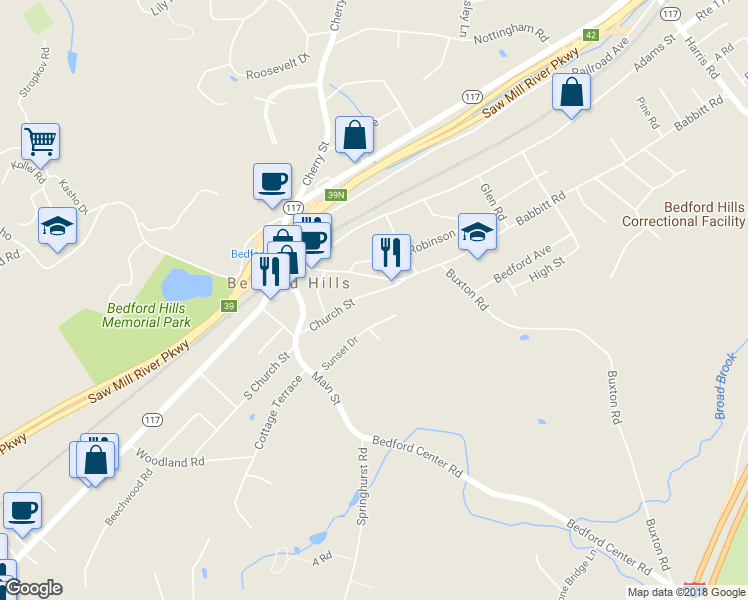 map of restaurants, bars, coffee shops, grocery stores, and more near 39 Church Street in Bedford Hills