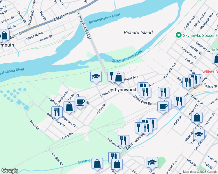 map of restaurants, bars, coffee shops, grocery stores, and more near 52 Van Horn Street in Wilkes-Barre