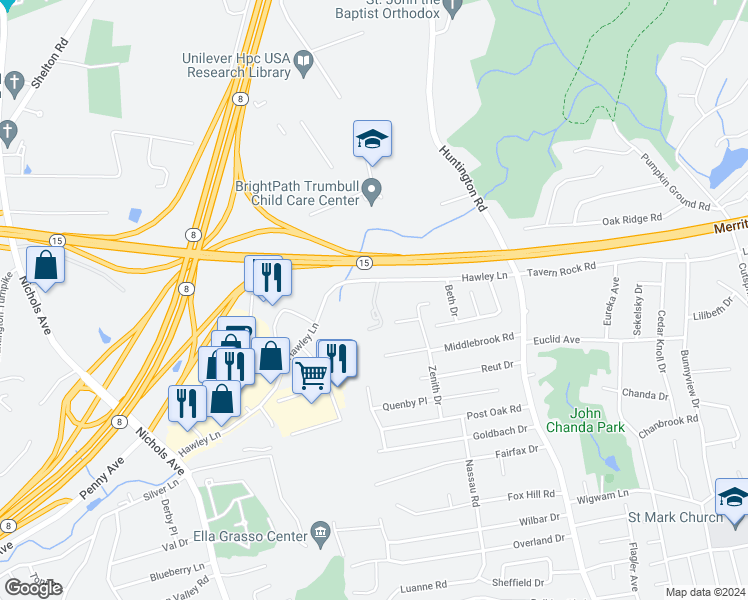 map of restaurants, bars, coffee shops, grocery stores, and more near 14 Hawley Glen in Stratford