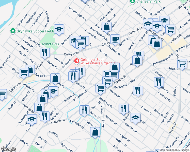 map of restaurants, bars, coffee shops, grocery stores, and more near 731-739 South Franklin Street in Wilkes-Barre