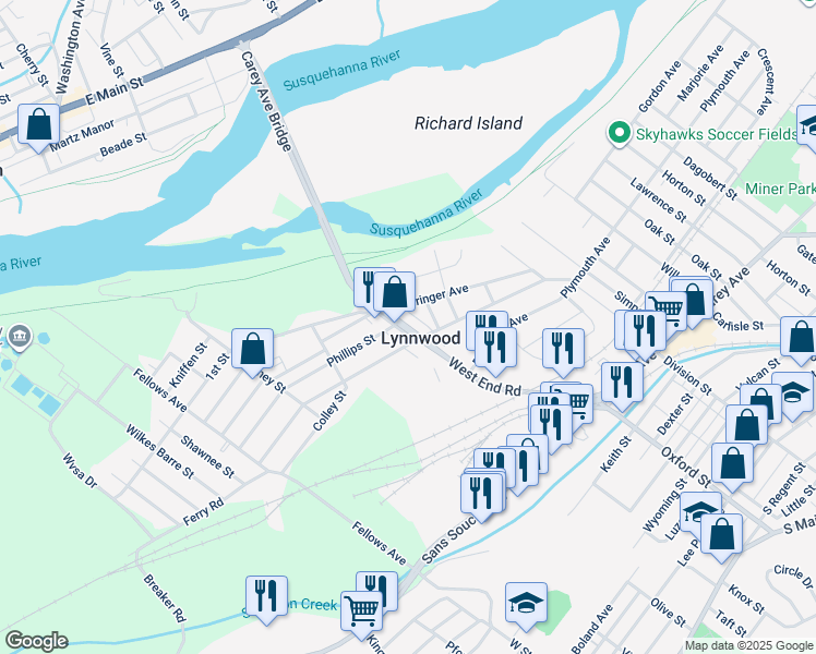 map of restaurants, bars, coffee shops, grocery stores, and more near 174 Lynwood Avenue in Wilkes-Barre