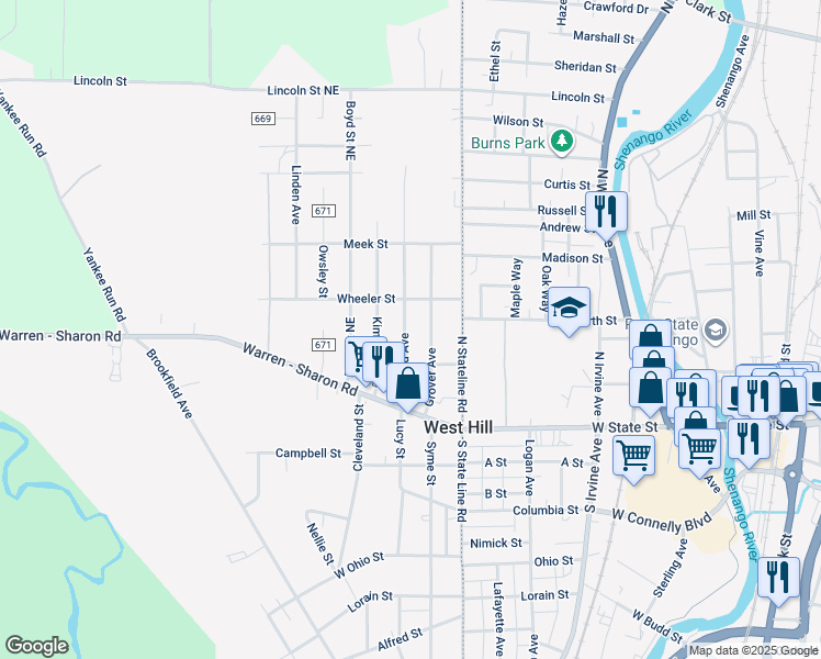 map of restaurants, bars, coffee shops, grocery stores, and more near 669 Gaylord Avenue in Masury