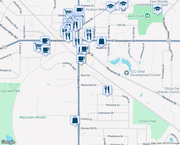 map of restaurants, bars, coffee shops, grocery stores, and more near 0 Hudson Street in Hudson