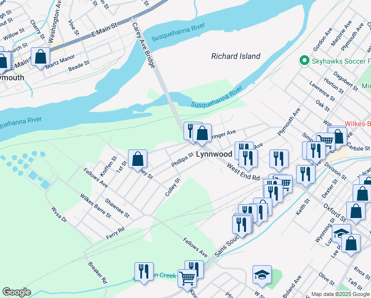 map of restaurants, bars, coffee shops, grocery stores, and more near 52 Van Horn Street in Wilkes-Barre