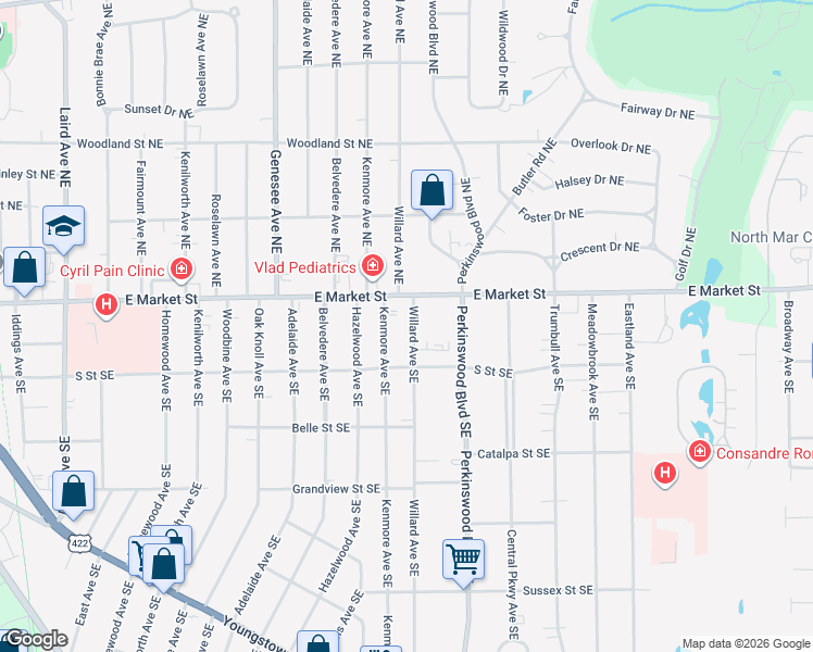 map of restaurants, bars, coffee shops, grocery stores, and more near 160 Willard Avenue Southeast in Warren