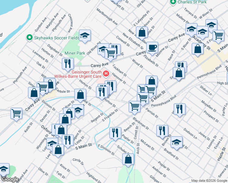 map of restaurants, bars, coffee shops, grocery stores, and more near 140 Barney Street in Wilkes-Barre
