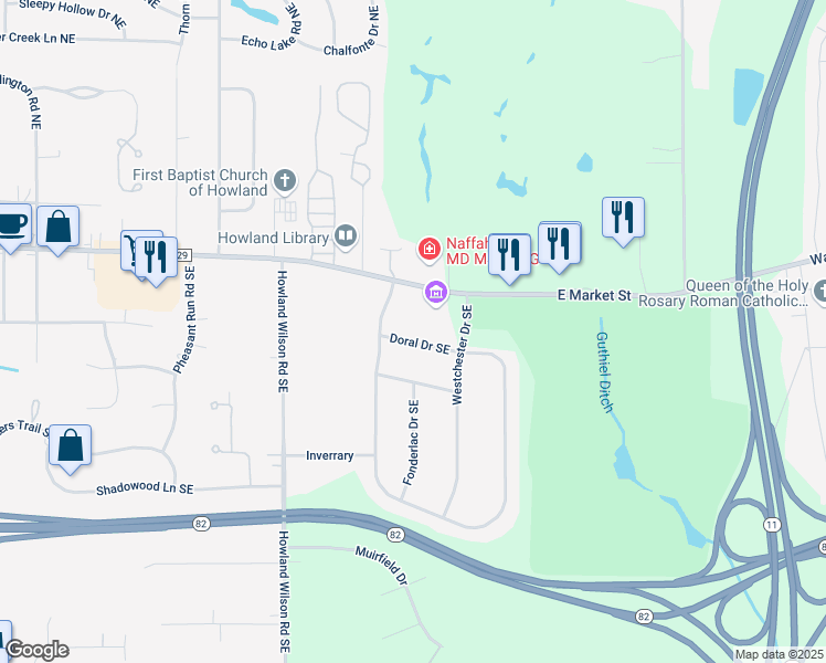 map of restaurants, bars, coffee shops, grocery stores, and more near 191 Avalon Drive Southeast in Warren