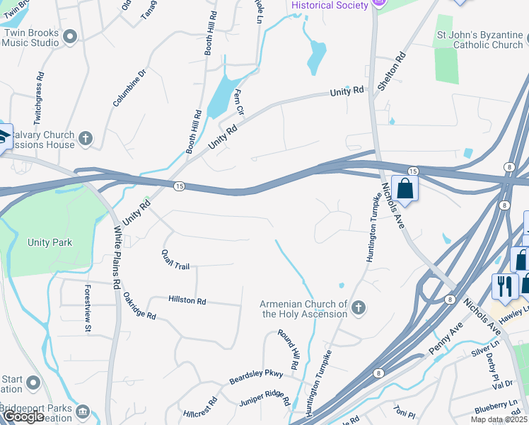map of restaurants, bars, coffee shops, grocery stores, and more near 67 Rolling Wood Drive in Trumbull