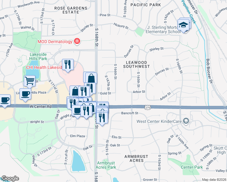 map of restaurants, bars, coffee shops, grocery stores, and more near 2511 South 166th Street in Omaha