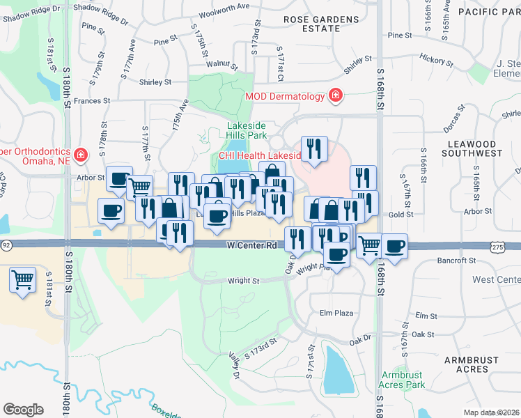 map of restaurants, bars, coffee shops, grocery stores, and more near 17154 Lakeside Hills Plaza in Omaha