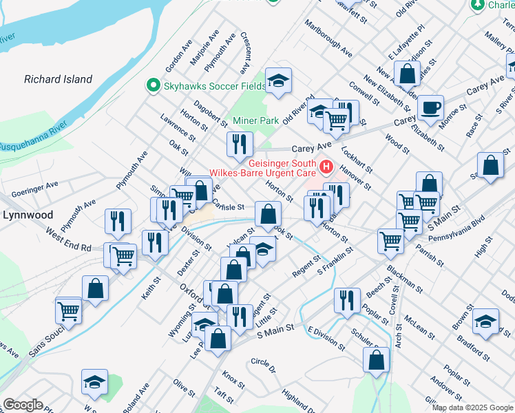 map of restaurants, bars, coffee shops, grocery stores, and more near 2 Sturdevant Street in Wilkes-Barre