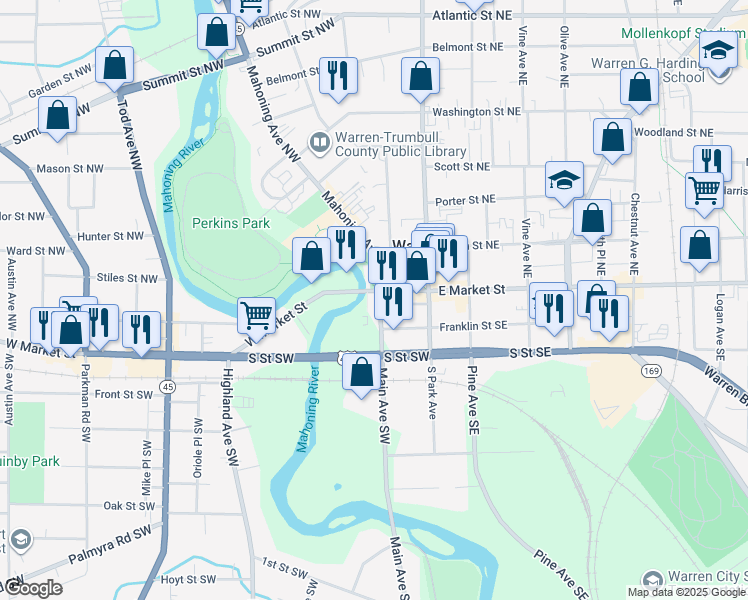 map of restaurants, bars, coffee shops, grocery stores, and more near 143 Mahoning Avenue in Niles