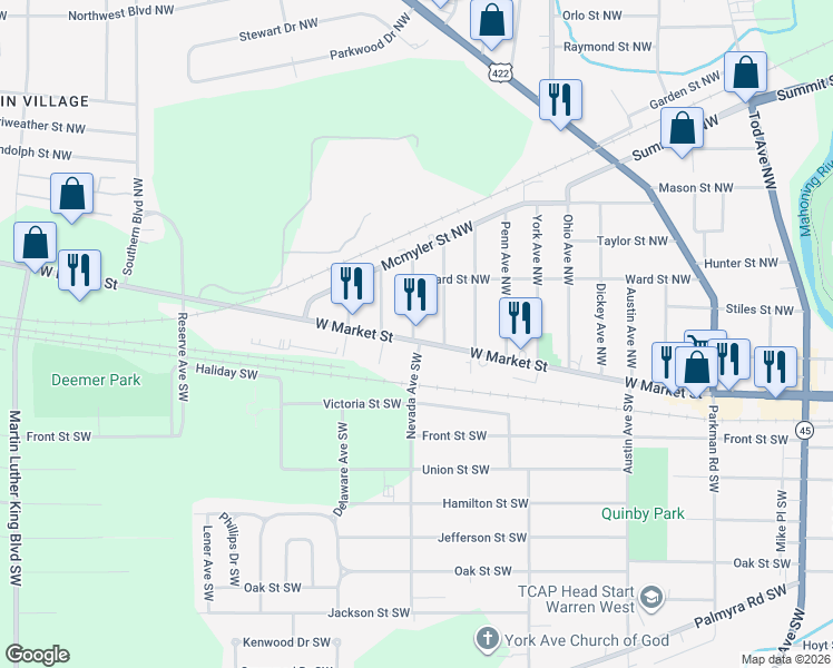 map of restaurants, bars, coffee shops, grocery stores, and more near 1954 West Market Street in Warren