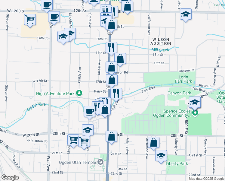 map of restaurants, bars, coffee shops, grocery stores, and more near 435 17th Street in Ogden