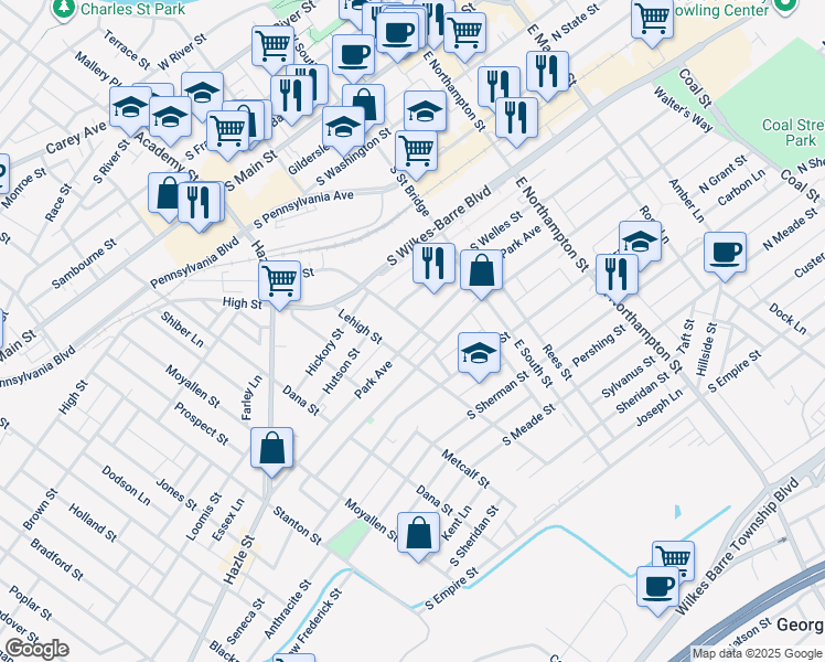 map of restaurants, bars, coffee shops, grocery stores, and more near 282 S Welles St in Wilkes-Barre