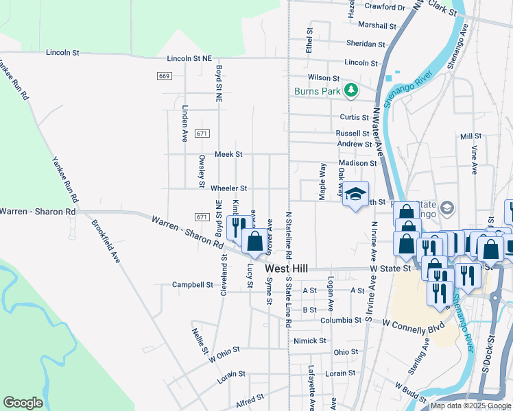 map of restaurants, bars, coffee shops, grocery stores, and more near 719 Gaylord Avenue in Masury