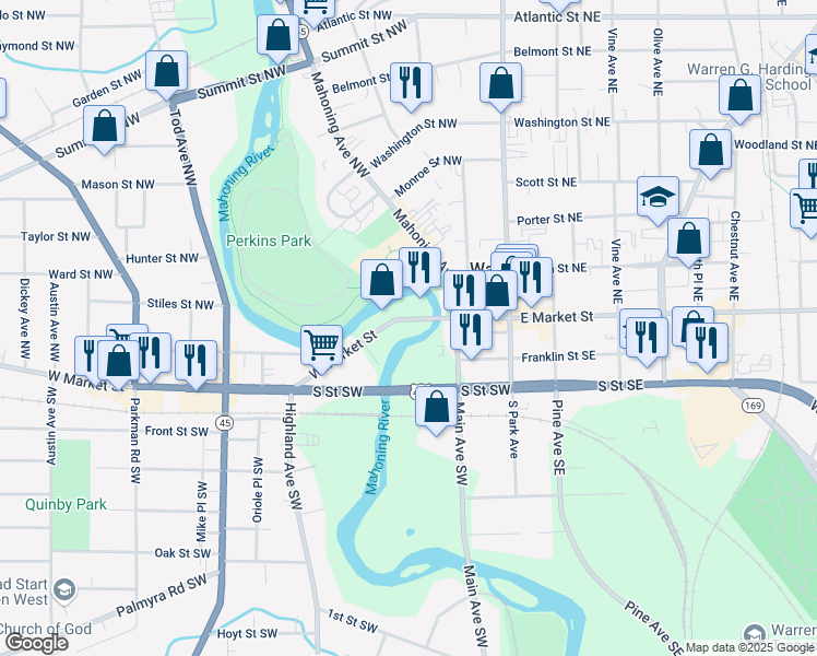 map of restaurants, bars, coffee shops, grocery stores, and more near 220 West Market Street in Warren