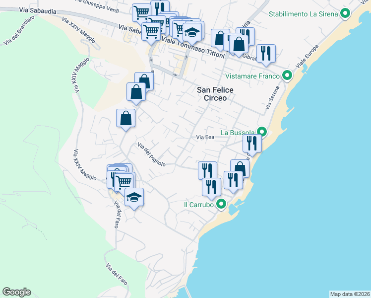 map of restaurants, bars, coffee shops, grocery stores, and more near 13 Via Eea in San Felice Circeo