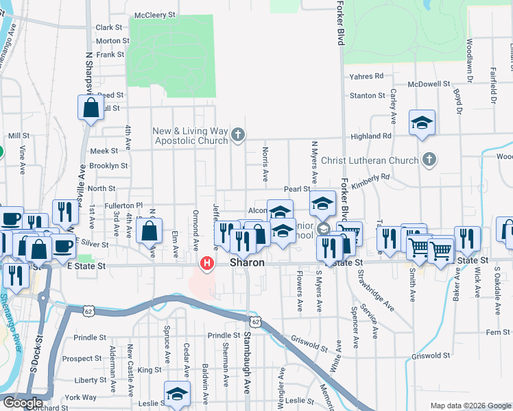 map of restaurants, bars, coffee shops, grocery stores, and more near 242 Euclid Avenue in Sharon