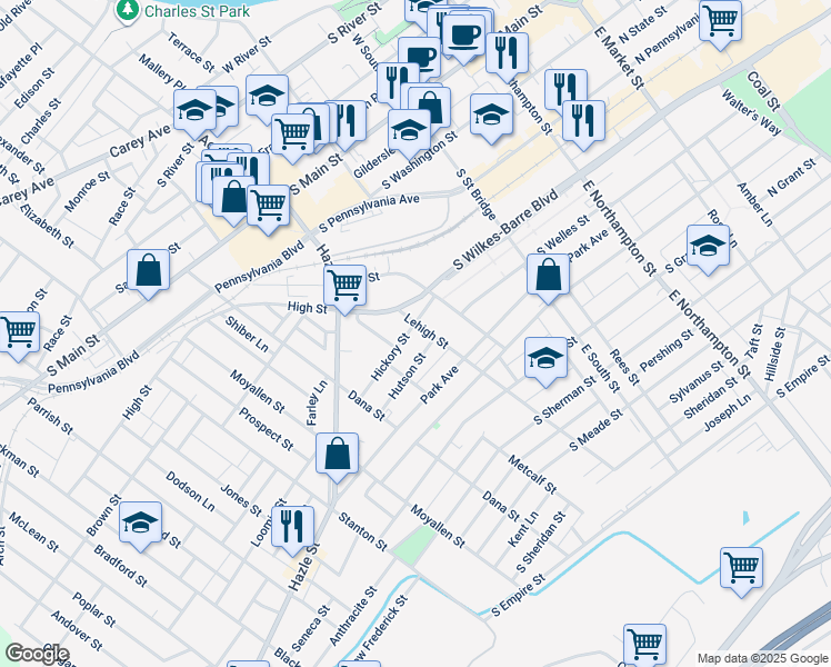 map of restaurants, bars, coffee shops, grocery stores, and more near 101 Lehigh Street in Wilkes-Barre
