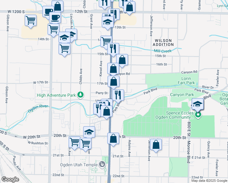 map of restaurants, bars, coffee shops, grocery stores, and more near 1738 Washington Boulevard in Ogden