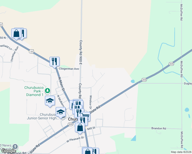 map of restaurants, bars, coffee shops, grocery stores, and more near 422 Weston Avenue in Churubusco