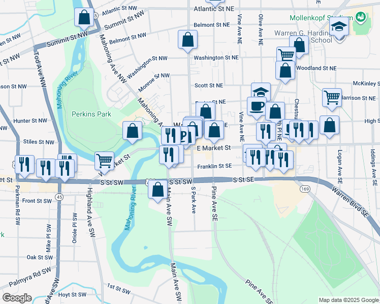 map of restaurants, bars, coffee shops, grocery stores, and more near in Warren