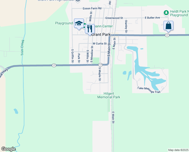 map of restaurants, bars, coffee shops, grocery stores, and more near 411 South Maple Street in Grant Park
