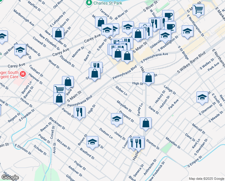 map of restaurants, bars, coffee shops, grocery stores, and more near 11 McCarragher Street in Wilkes-Barre
