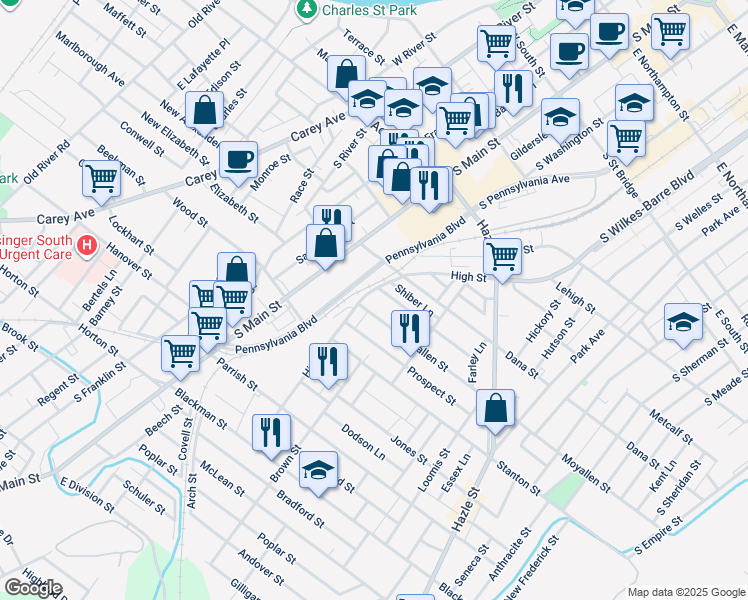 map of restaurants, bars, coffee shops, grocery stores, and more near 158 High Street in Wilkes-Barre